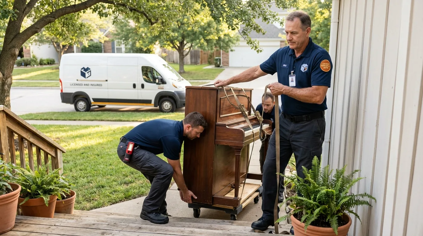 Licensed piano movers securing grand piano in New Market, TN