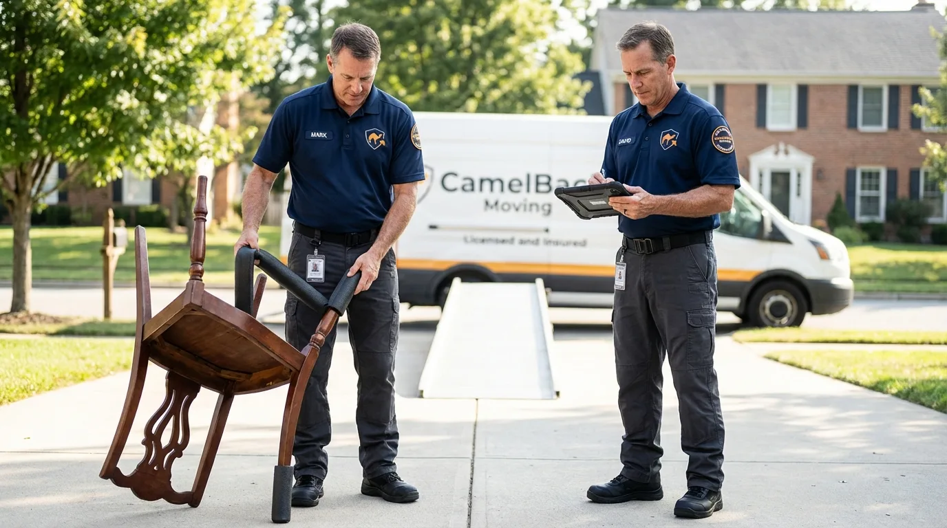 Movers inspecting furniture for damage prevention before loading in New Market, TN