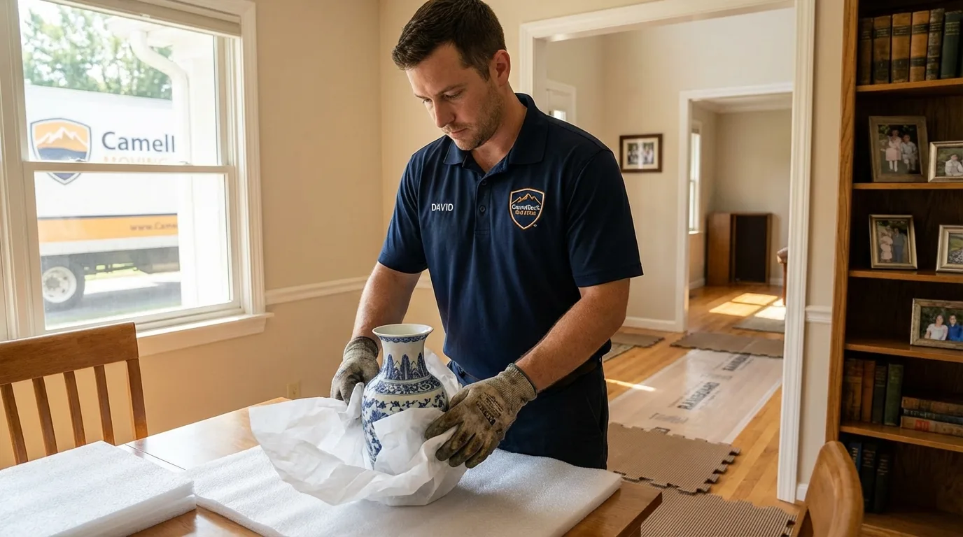 Professional crew carefully wrapping antique vase for senior downsizing move in New Market, TN